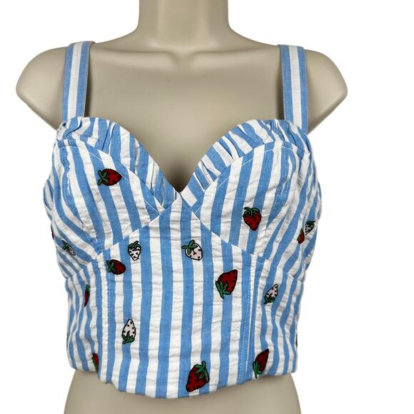 Maeve Anthropologie Striped Embroidered Strawberry Cami Top Blue 4 Coquette - Picture 4 of 15